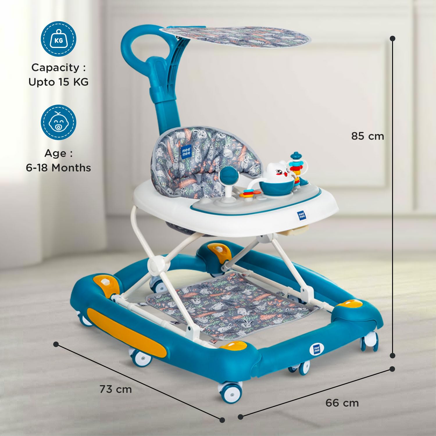 Baby walker with blue and white design, featuring dimensions and capacity details.